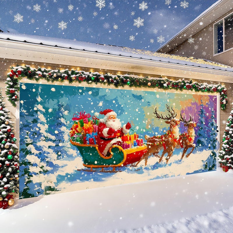 THISFIND Christmas Garage Door Banner – Santa Claus with Sleigh & Reindeer Outdoor Decoration – 13×6 ft Holiday Garage Cover for Home, Yard, Party Decor - Image 3